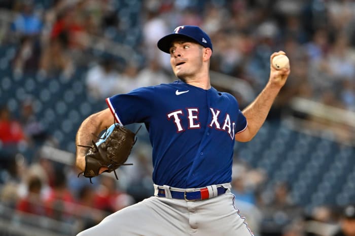 Jul 7, 2023; Washington, District of Columbia, USA; Texas Rangers starting pitcher Cody Bradford (61) throws to the Washington Nationals during the fourth inning at Nationals Park. Mandatory Credit: Brad Mills-USA TODAY Sports